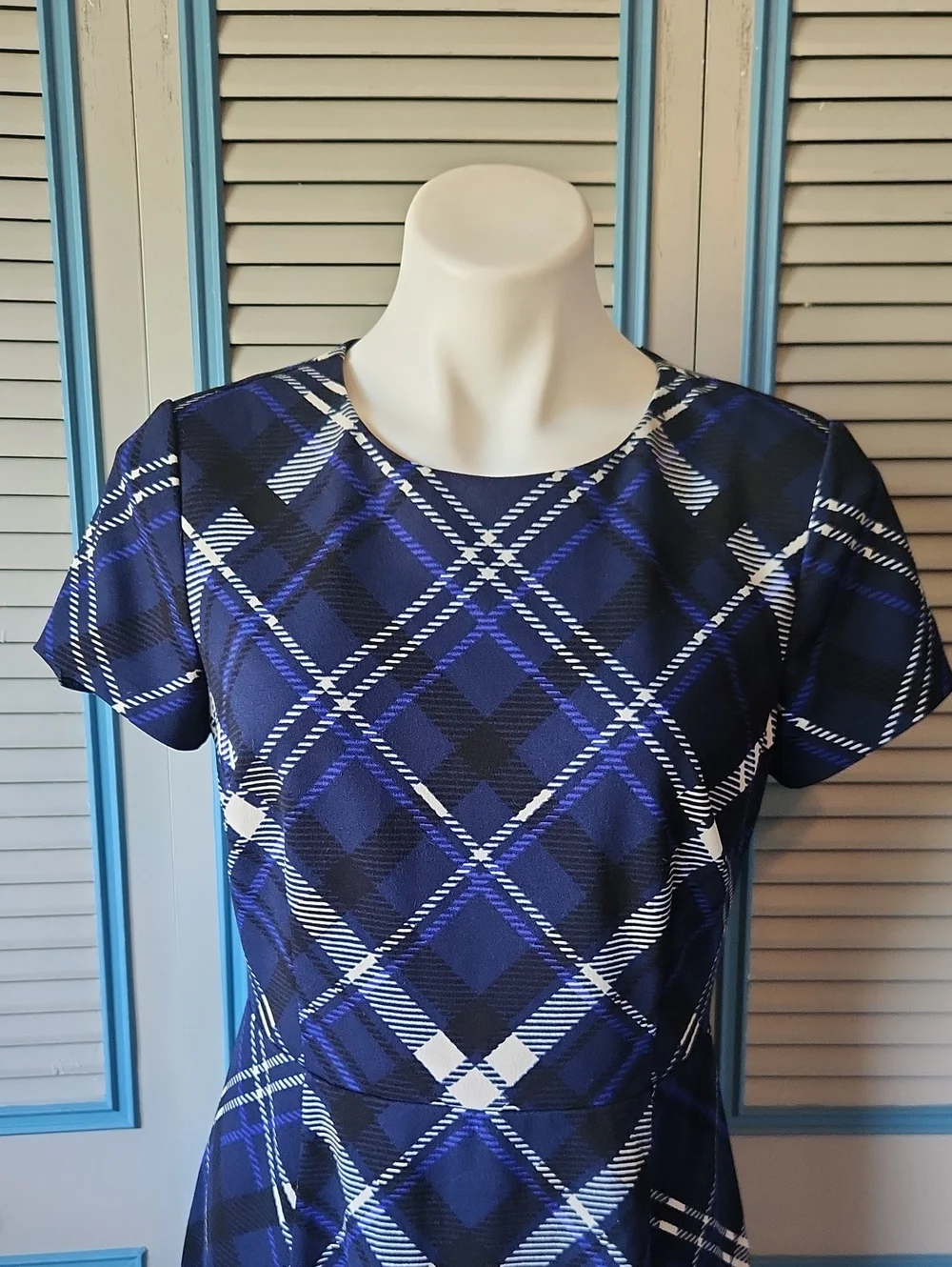 Vince Camuto Navy Plaid Fit & Flare Dress - Picture 3 of 10